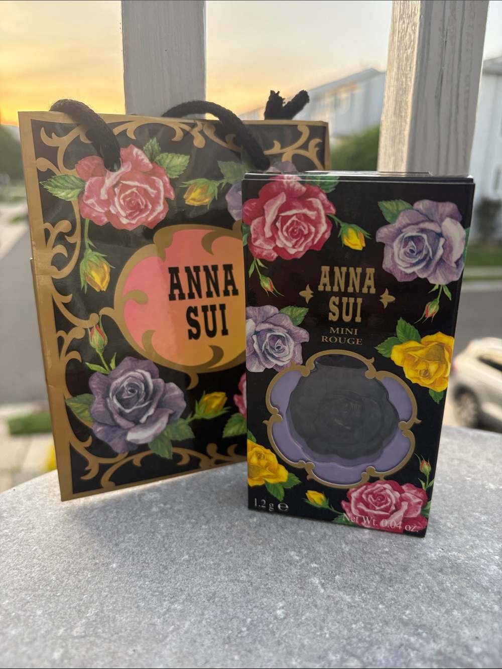Anna Sui Mini Rouge Lipstick - Black Floral Box with Purple and Yellow Roses